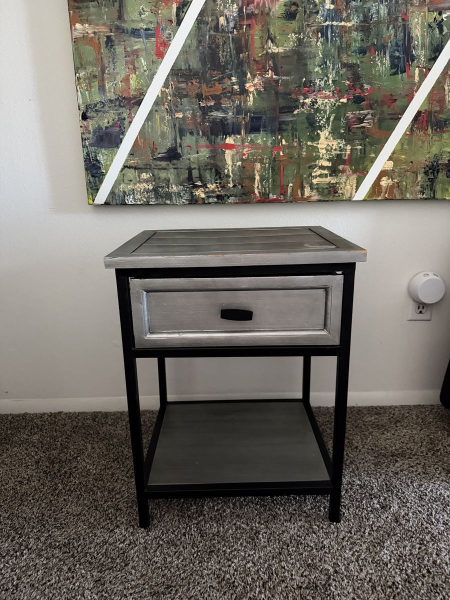 Rustic Gray & Black Nightstand Side End Table with Drawer and Shelf
