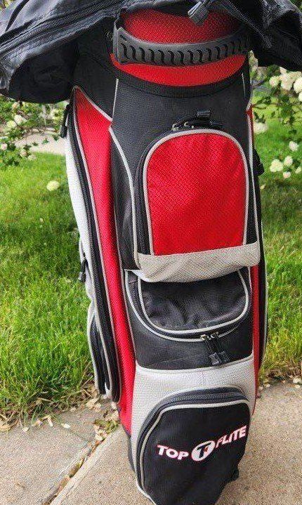 top flite, golf bag w/rain cover, cart
excel cond