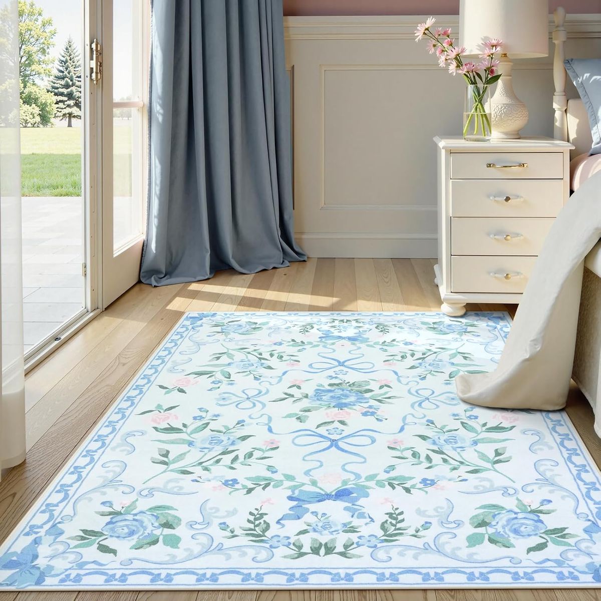 NEW  Blue Floral Rug 4x6 for Girls Bedroom or Nursery, Cute Bow Washable Area Rug