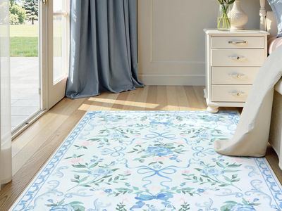 NEW Blue Floral Rug 4x6 for Girls Bedroom or Nursery, Cute Bow Washable Area Rug