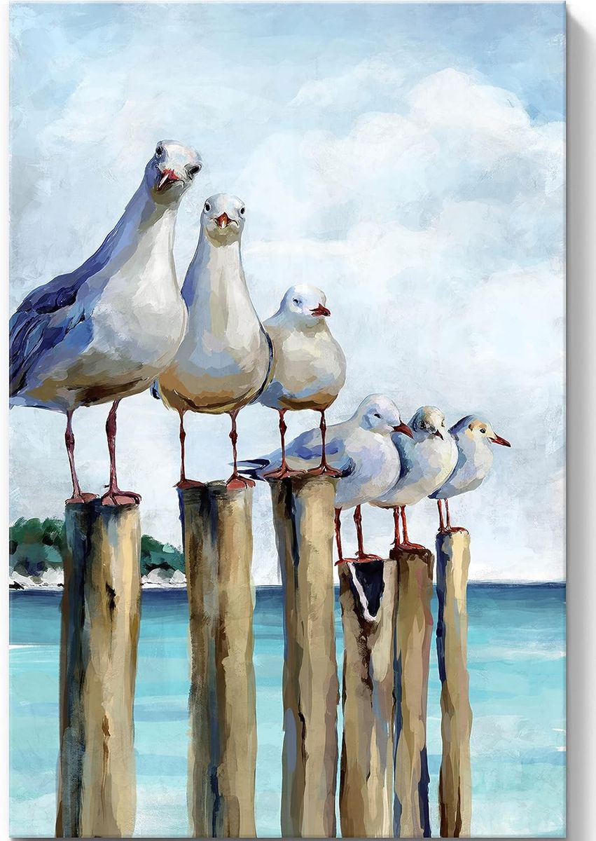 New Seagull Ocean Wall Art Gallery Wrapped Canvas Print, Coastal Beach Seaside Bird Picture