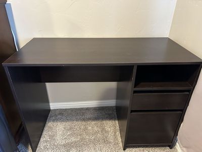 Dark Brown Wood Computer Desk with Storage Shelves and Drawers