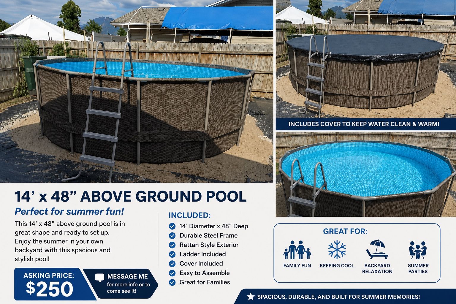 14' x 48" Above Ground Pool - Steel Frame, Rattan Style Exterior, Ladder & Cover Included