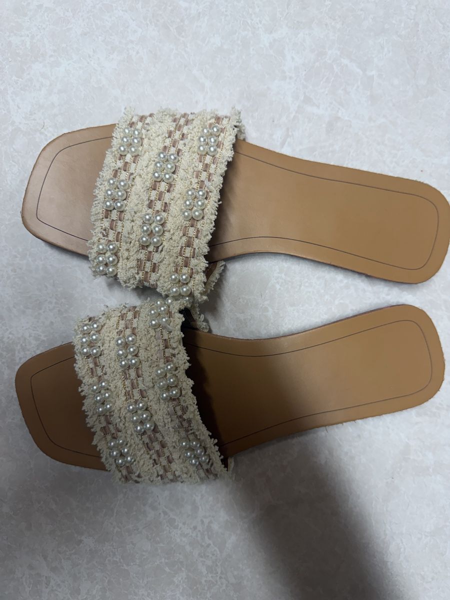 New Women's Pearl Embellished Beige Tweed Slide Sandals - Size 39 (EU)