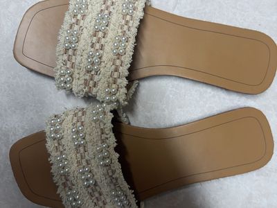New Women's Pearl Embellished Beige Tweed Slide Sandals - Size 39 (EU)