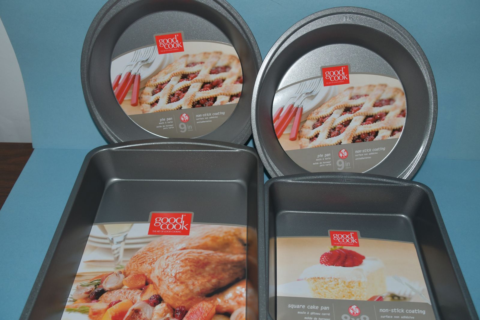 4 NEW NON STICK "GOOD COOK" BAKING PANS ~ 2 PIE PANS 9" ~ CAKE PAN 8" x 8" ~ ROASTING PAN 13" x 9"