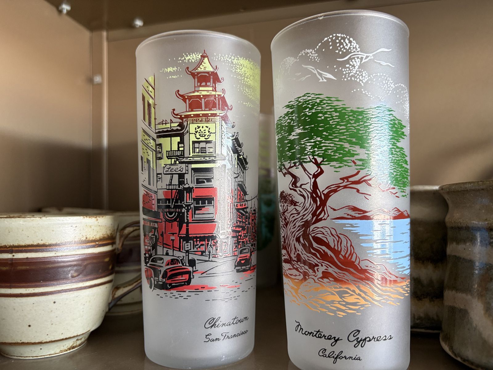 5 Vintage Libbey  Highball frosted tumbler glasses California themed Mid Century Modern MCM San Francisco