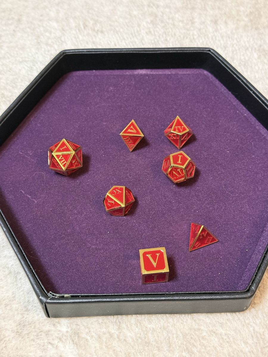 Red and Gold Metal Dice Set for RPG Tabletop Gaming D&D | Roman Numeral dice