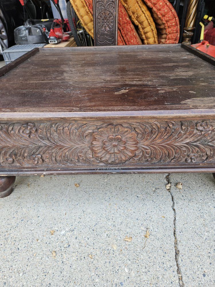 Hand-Carved Wooden Coffee Table Ottoman with Tufted Cushion Base