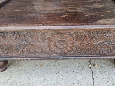 Hand-Carved Wooden Coffee Table Ottoman with Tufted Cushion Base