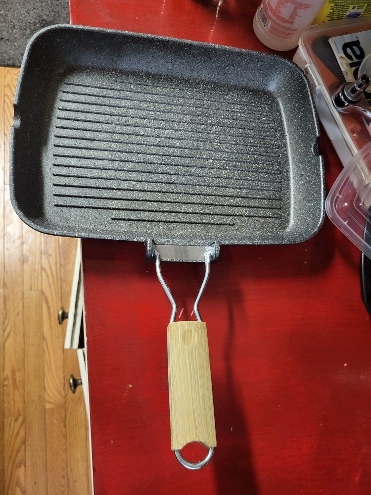 Unbranded Square Grill Pan with Ridged Surface & Folding Wood Handle - Nonstick, Gray new