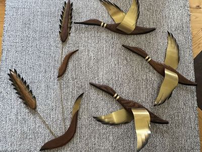 Masketeers Mid-Century Modern Wood & Brass Flying Ducks Wall Decor Set (3 Ducks, 1 Reed)