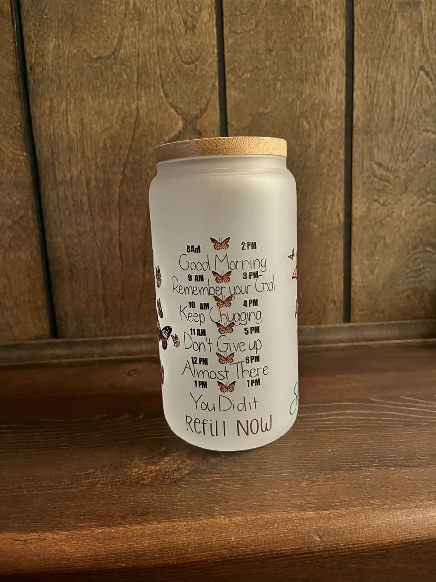 Butterfly Inspirational Frosted Glass Can | 16 oz | Bamboo Lid