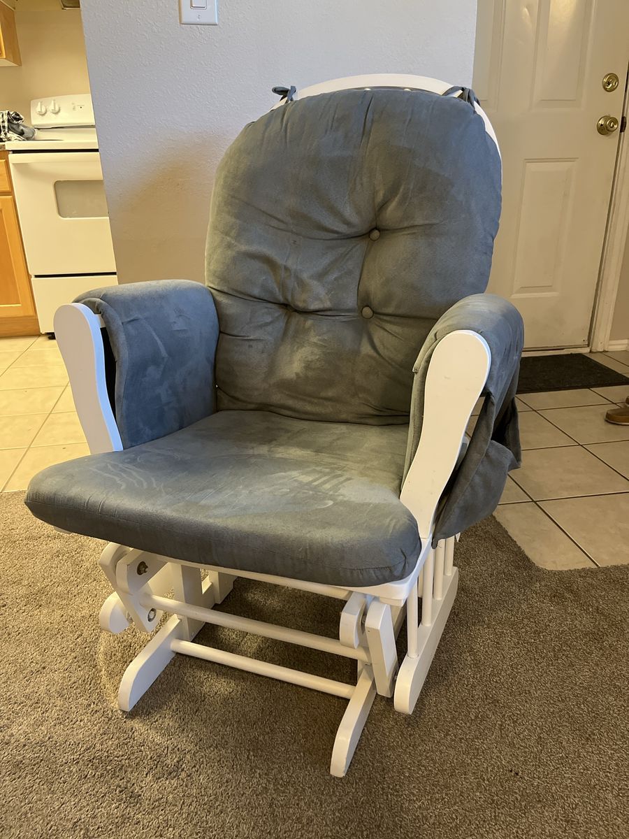 White Wooden Glider Rocking Chair with Gray Cushion