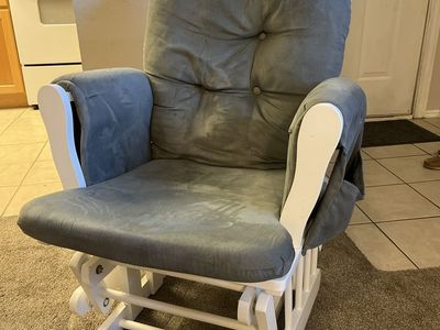 White Wooden Glider Rocking Chair with Gray Cushion