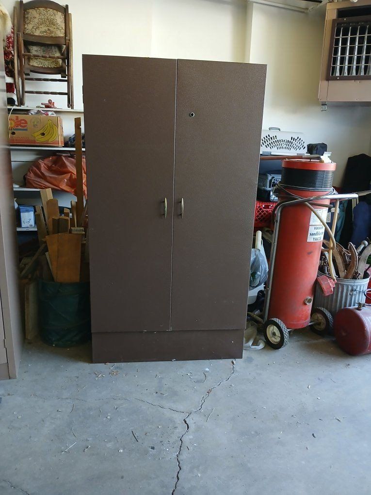 Vintage Brown Metal Wardrobe Storage Locker with Shelves and Hanging Rod