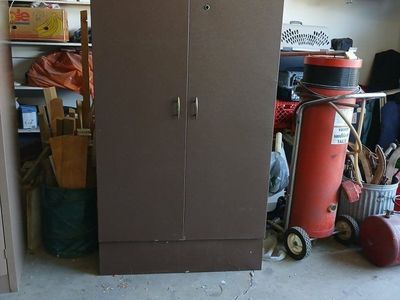 Vintage Brown Metal Wardrobe Storage Locker with Shelves and Hanging Rod