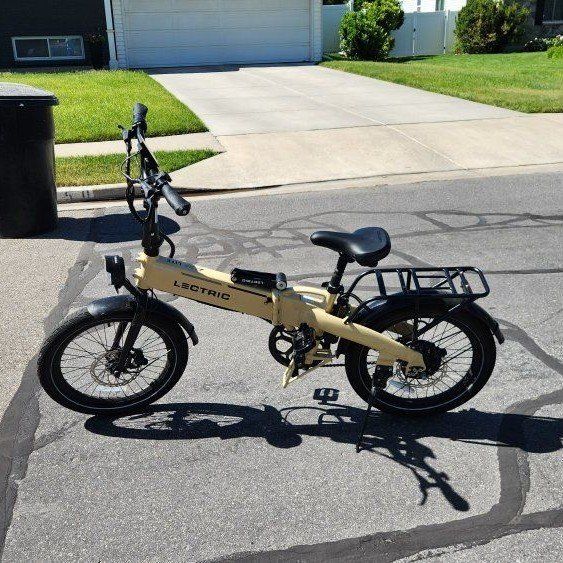 Lectric XP Lite 2.0 Folding Electric Bike, Tan, 20" wheels, Rear Rack, suspension seat, long-range battery, elite headlight.