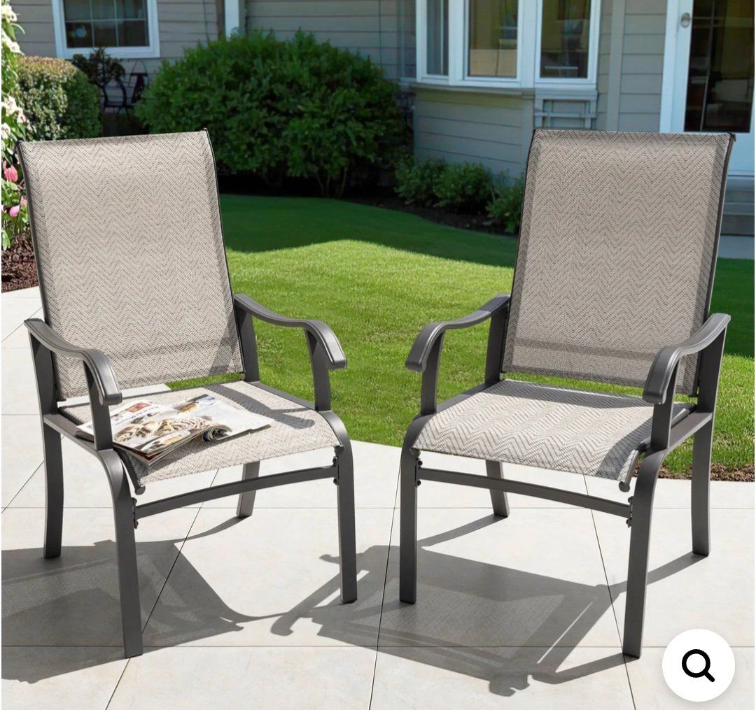Outdoor Patio Dining Chairs, Set of 2 - Gray Metal Frame with Chevron Sling Fabric