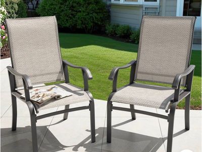 Outdoor Patio Dining Chairs, Set of 2 - Gray Metal Frame with Chevron Sling Fabric