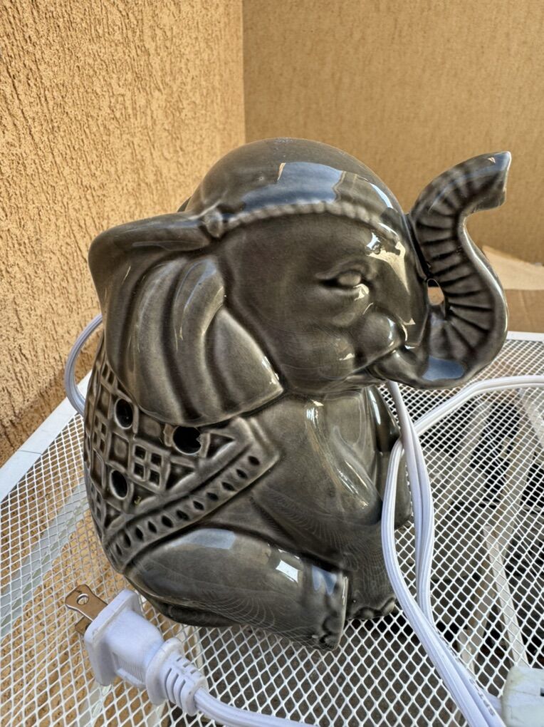 Elephant Night Light Lucky Trunk Up Gray Ceramic