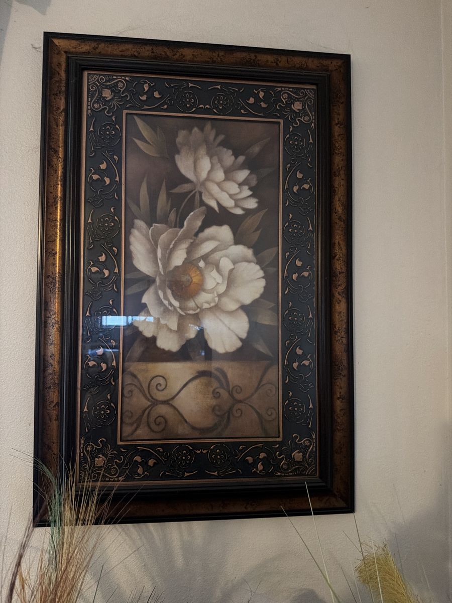 Framed Floral Print Wall Art with Ornate Bronze and Black Frame