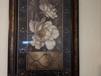 Framed Floral Print Wall Art with Ornate Bronze and Black Frame