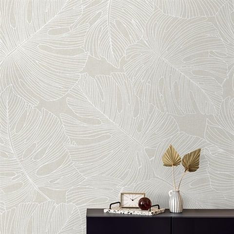 New Botanical Leaf Wallpaper Roll White Sand