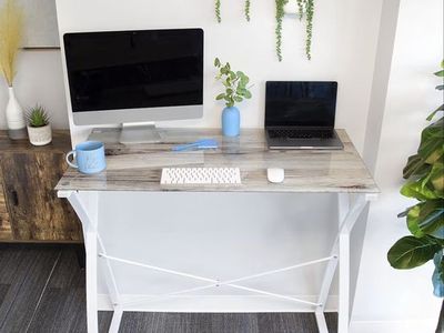 Stand Steady Joy 43" Standing Desk - Tempered Glass Top Wood Print