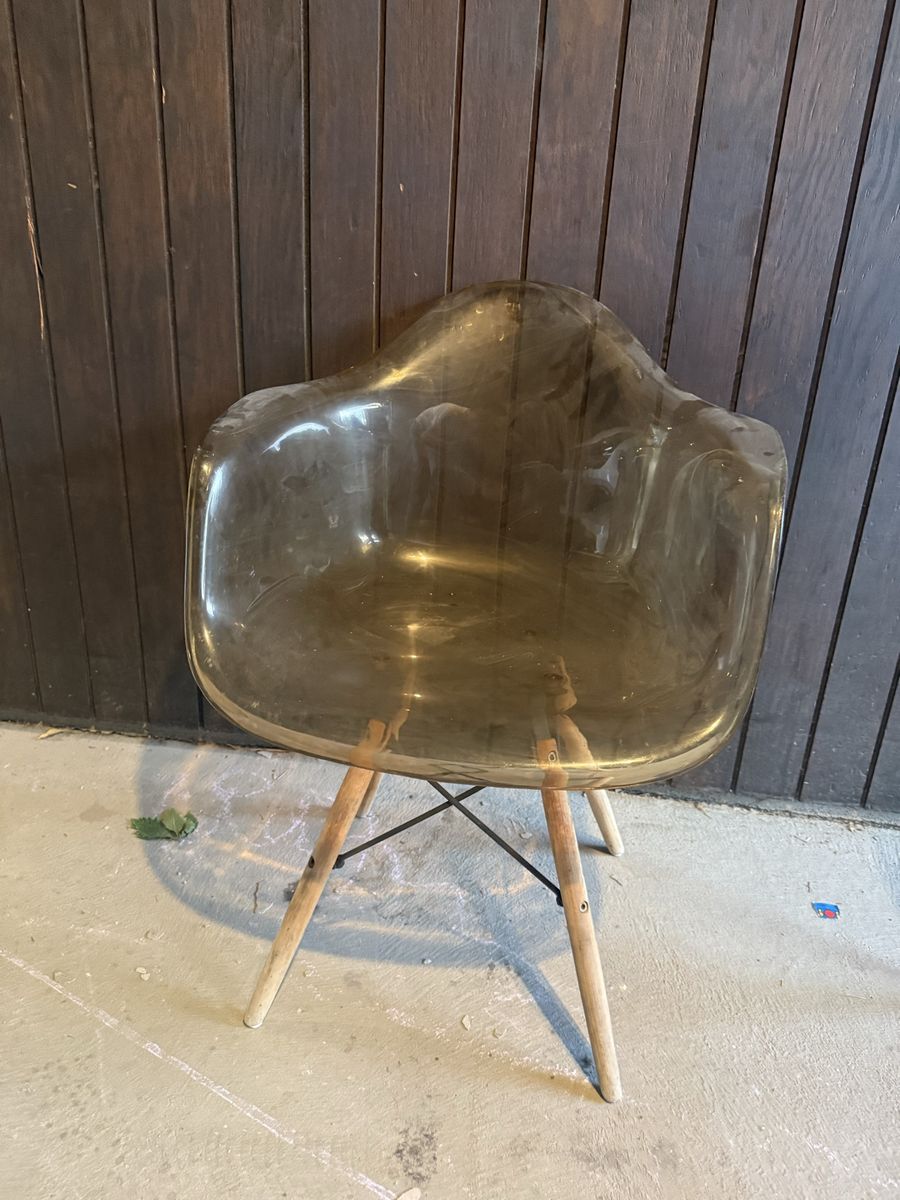 Mid-Century Modern Molded Armchair – Smoked Acrylic / Eiffel Wood Base