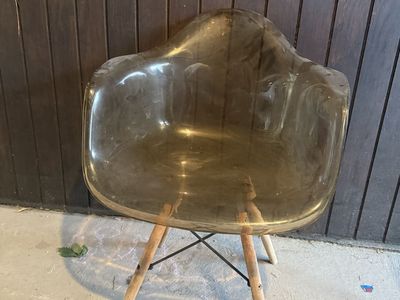 Mid-Century Modern Molded Armchair – Smoked Acrylic / Eiffel Wood Base