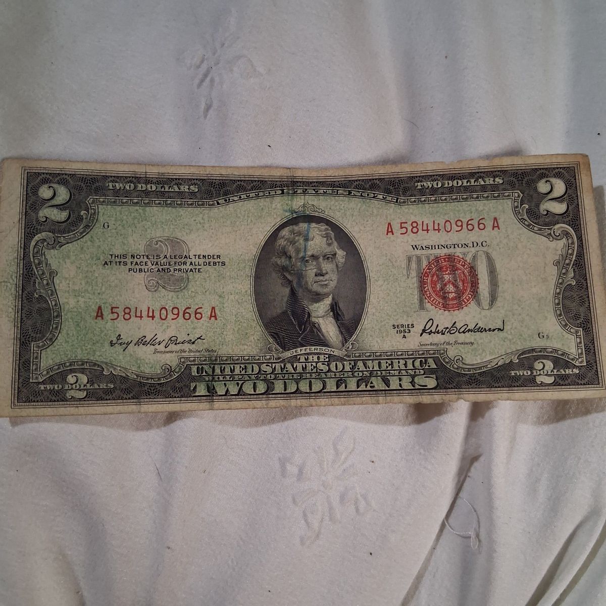 Vintage US Two Dollar Bill Series 1953 A Red Seal United States Note