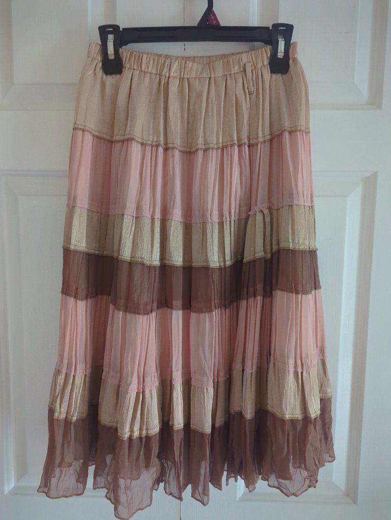 Chic Tiered Ruffle Maxi Skirt - Pink, Brown, Beige (Size Small)