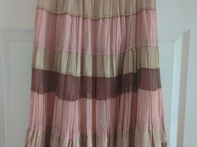 Chic Tiered Ruffle Maxi Skirt - Pink, Brown, Beige (Size Small)
