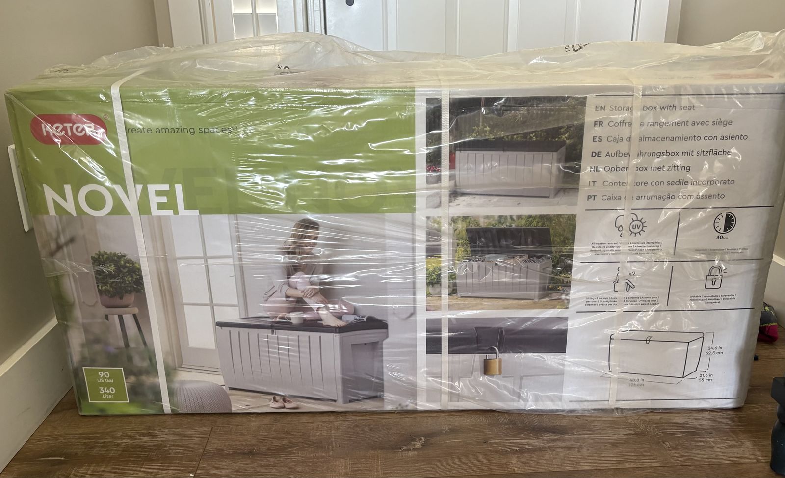 NEW Keter Novel 90 gallon Outdoor Storage Bench