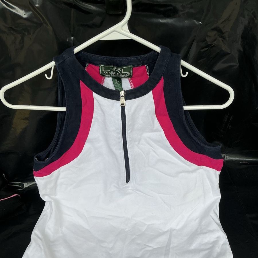 L-RL Lauren Active Women's Quarter-Zip Sleeveless Top - White/Pink/Navy, Size M