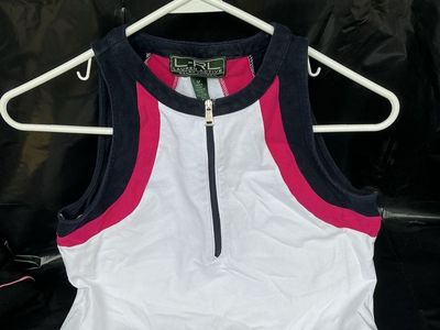 L-RL Lauren Active Women's Quarter-Zip Sleeveless Top - White/Pink/Navy, Size M