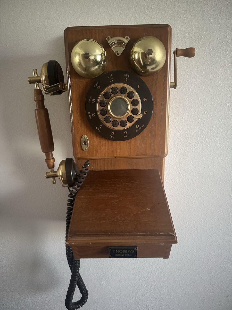 Thomas America Corp. Vintage Style Rotary Wall Phone - Wood & Brass, Made in 1994
