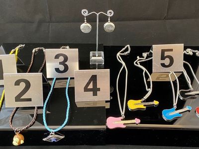 NEW - Donald Duck & Curious George Bell, Blue EYE, Colorful Enamel Guitar Necklaces & Coke Earrings - PICS