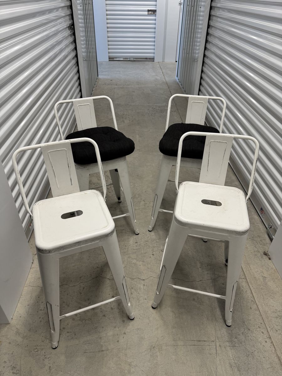 Set of 4 White Metal Bar Stools w/ Backs (24” Counter Height)