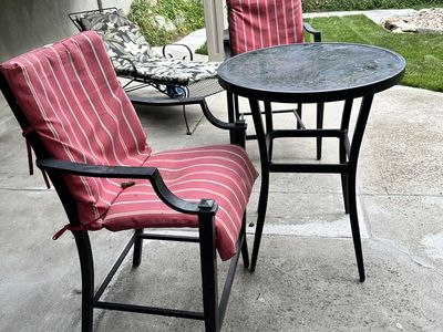 Patio Bistro Set with Table and Two Striped Cushion Chairs