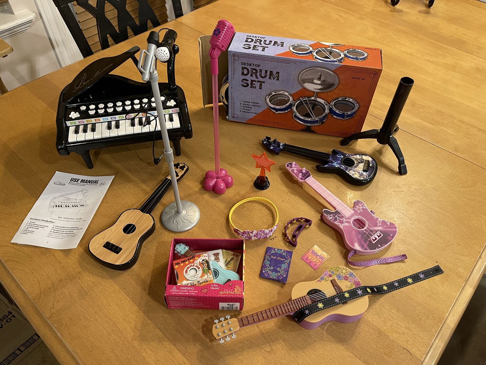 Musical Instrument Toy Set, collected/made for 18-inch dolls, Piano, Guitars, Drum Set, Microphones & Our Generation Ukulele