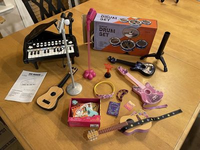Musical Instrument Toy Set, collected/made for 18-inch dolls, Piano, Guitars, Drum Set, Microphones & Our Generation Ukulele