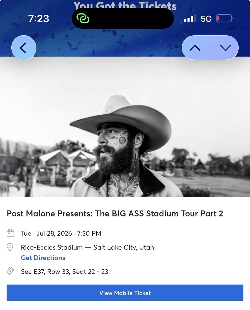 Post Malone Concert Tix - Rice Eccles
