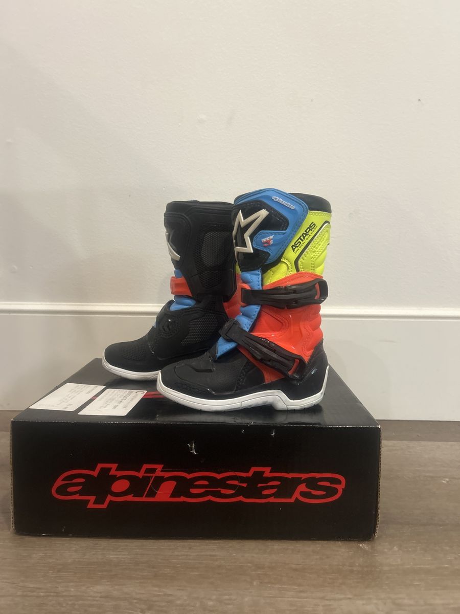 Alpinestars Kids Motocross Boots Black/Red/Blue/Neon Yellow with Hook & Loop Closure