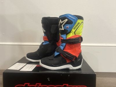 Alpinestars Kids Motocross Boots Black/Red/Blue/Neon Yellow with Hook & Loop Closure Size 3S