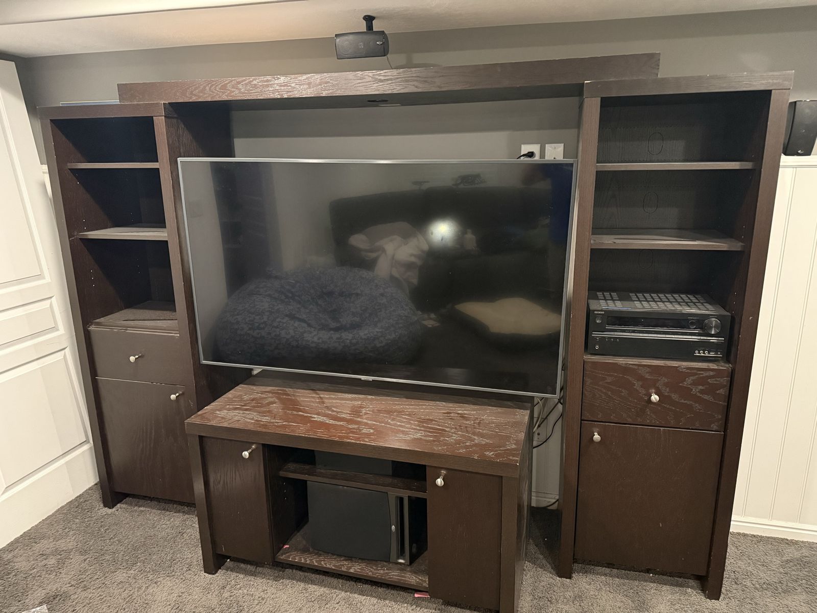 Dark Brown Wood Entertainment Center with TV Stand, Shelves, and Storage Cabinets