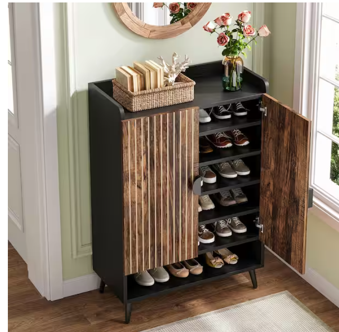 Cezalinda 43 in. H x 30 in. W Brown and Black Engineered Wood Shoe Storage Cabinet, 6-Tier Shoe Organizer for Entryway