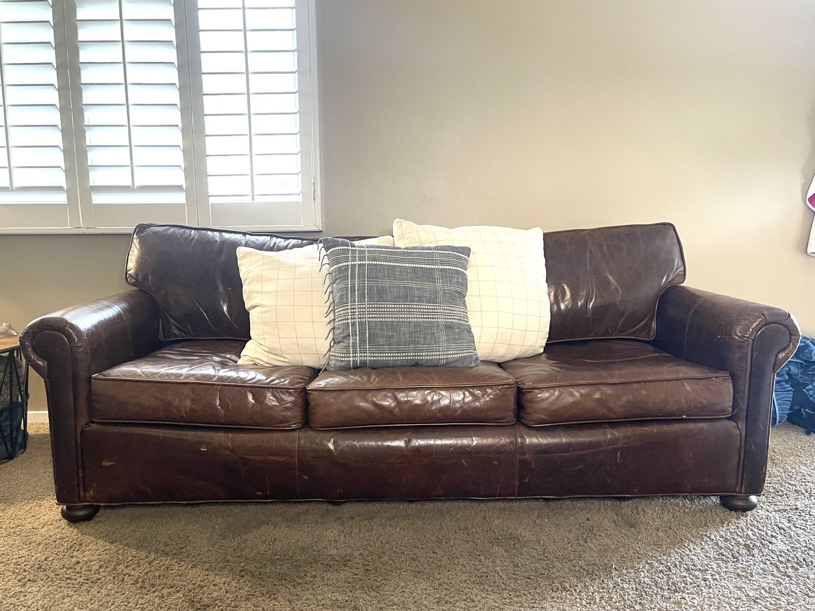 Restoration Hardware Brown Leather Sofa - 3-Seater Couch, Rolled Arms, Excellent Condition. First to offer will get it!!!!!