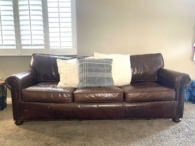 Restoration Hardware Brown Leather Sofa - 3-Seater Couch, Rolled Arms, Excellent Condition. First to offer will get it!!!!!
